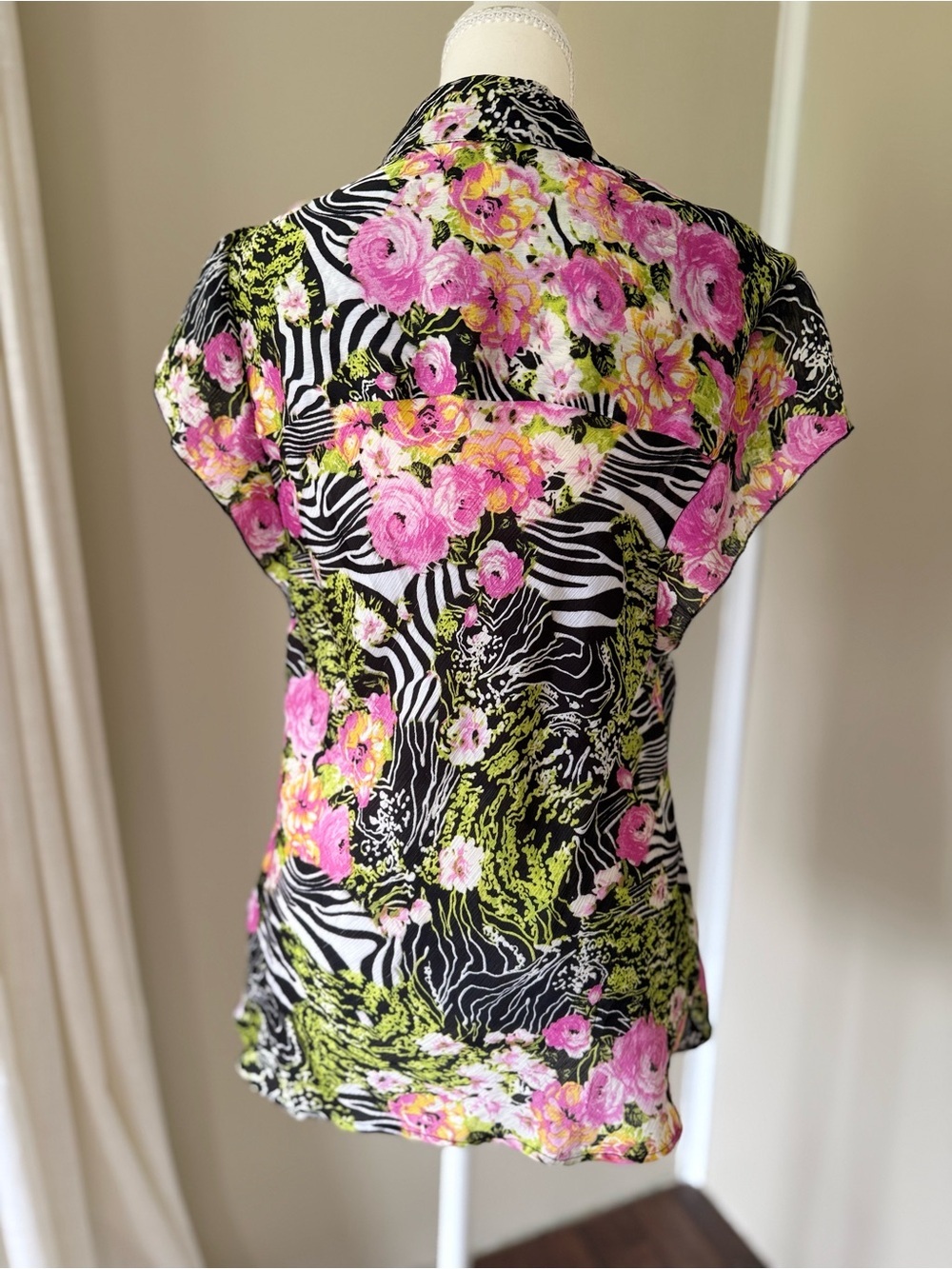 Vintage Floral & Zebra Twist-Front Short Sleeve Blouse Top Black Pink Green Y2K - Picture 7 of 10